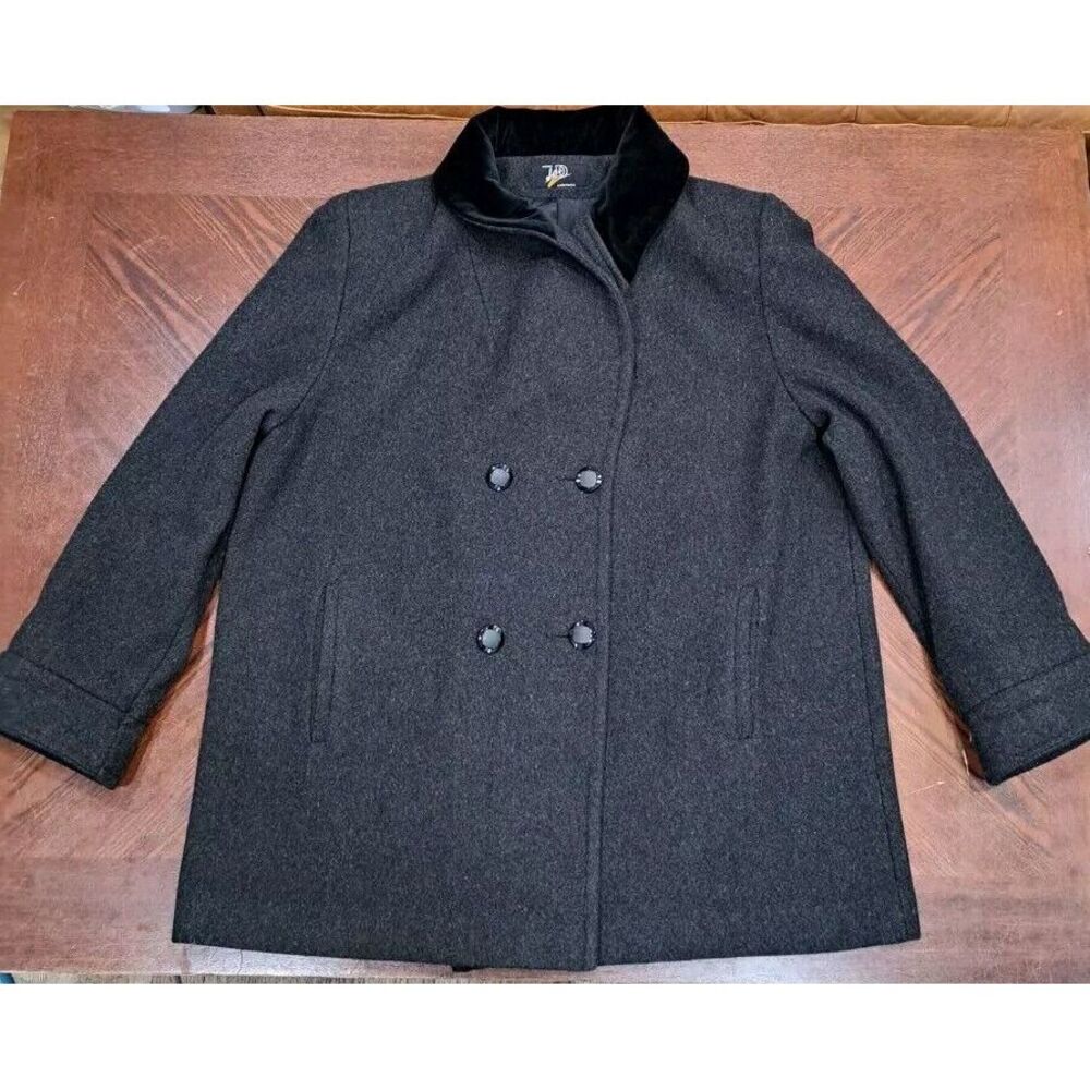 Vtg JAD Black 100% Wool Woman XL Lined Long Coat Hidden Buttons‎  Faux Fur USA